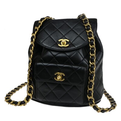 CHANEL CC Logo Matelasse Chain Backpack Bag Leather Black CHANEL CC Logo Matelasse Chain Backpack Bag Leather Black