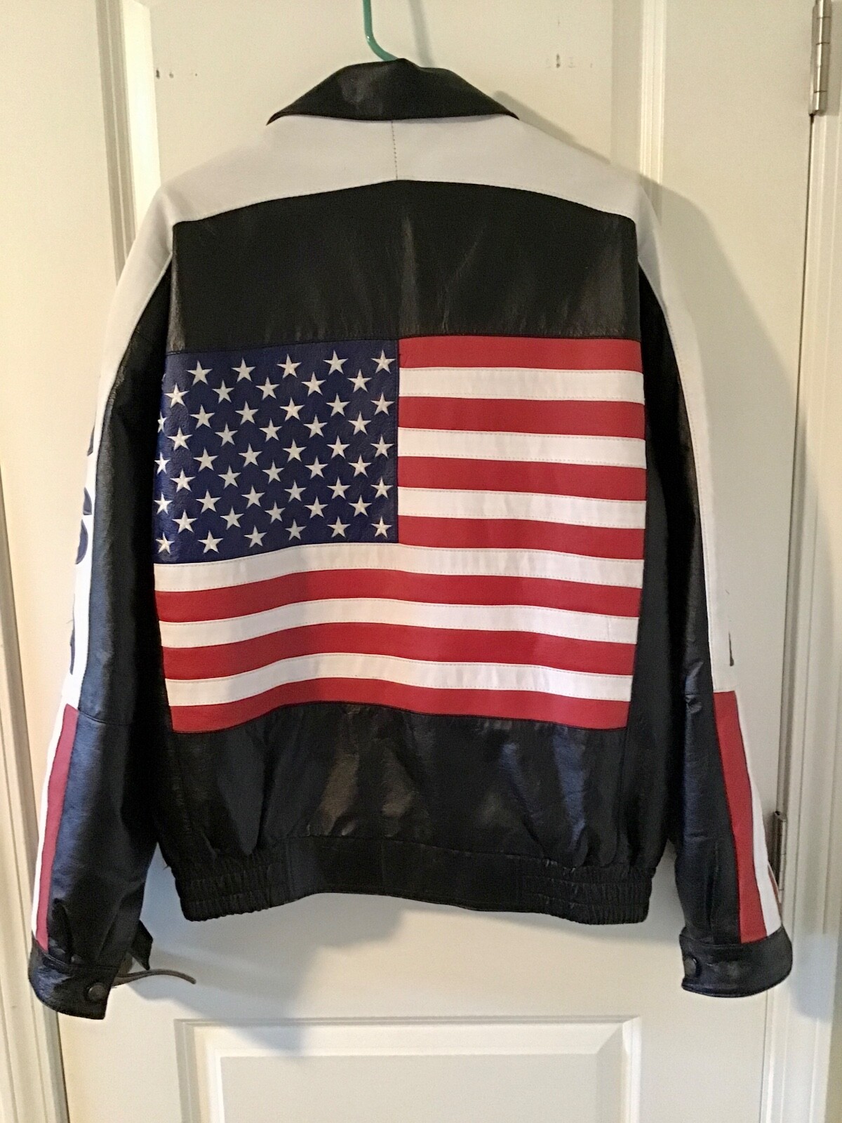 Vintage Black Leather USA American Flag Jacket SzXL Gem