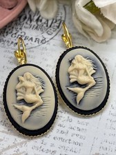 Bright Gold Black Mermaid Sea Life Birthday gift Beach Earrings Cameo Festival