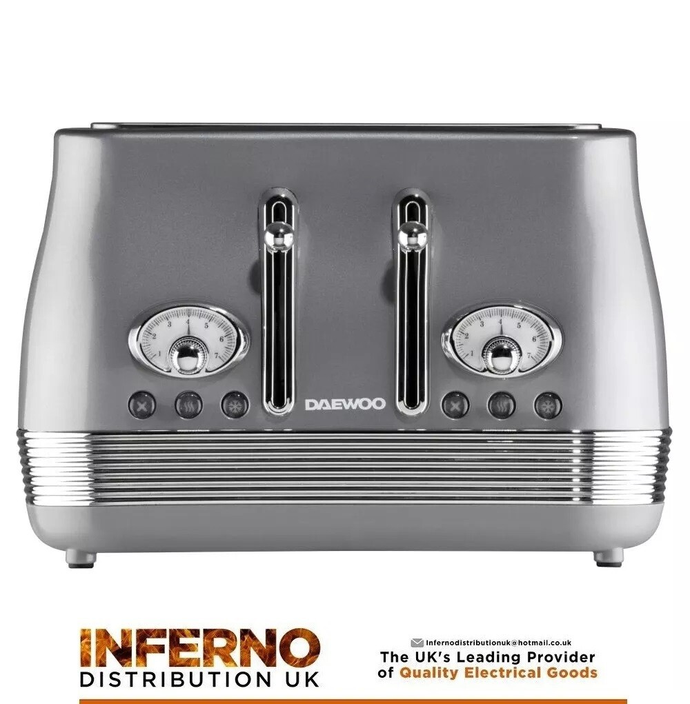 DAEWOO Denver 4 Slice Wide Slot Stainless Steel Toaster In Smoked Grey