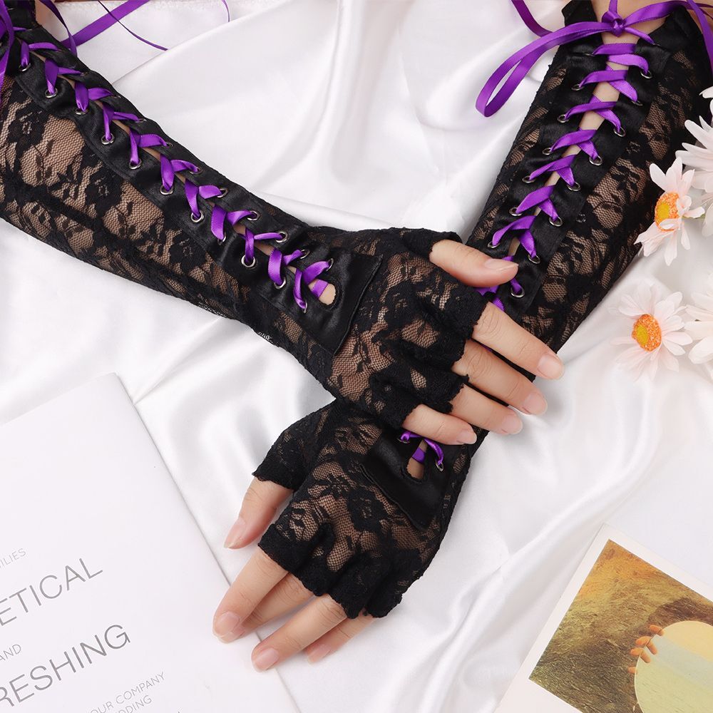 Cosplay Long Fingerless Silk Ribbon Punk Mittens Gothic Gloves