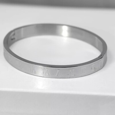 Women's Stainless Steel Silver 6mm Roman-Numeral Bangle Bracelet Box