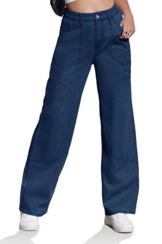 Women's High Waisted Cargo Jeans Wide Leg Boyfriend Baggy Pants, Navy, Size 8