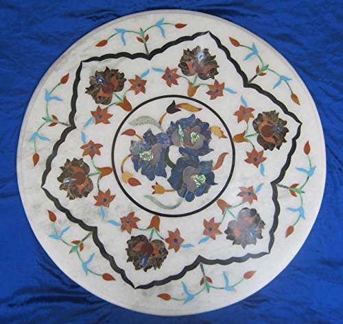 24-Inch Handcrafted Marble Table Top with Semi-Precious Stone Floral Inlay for Home Decor