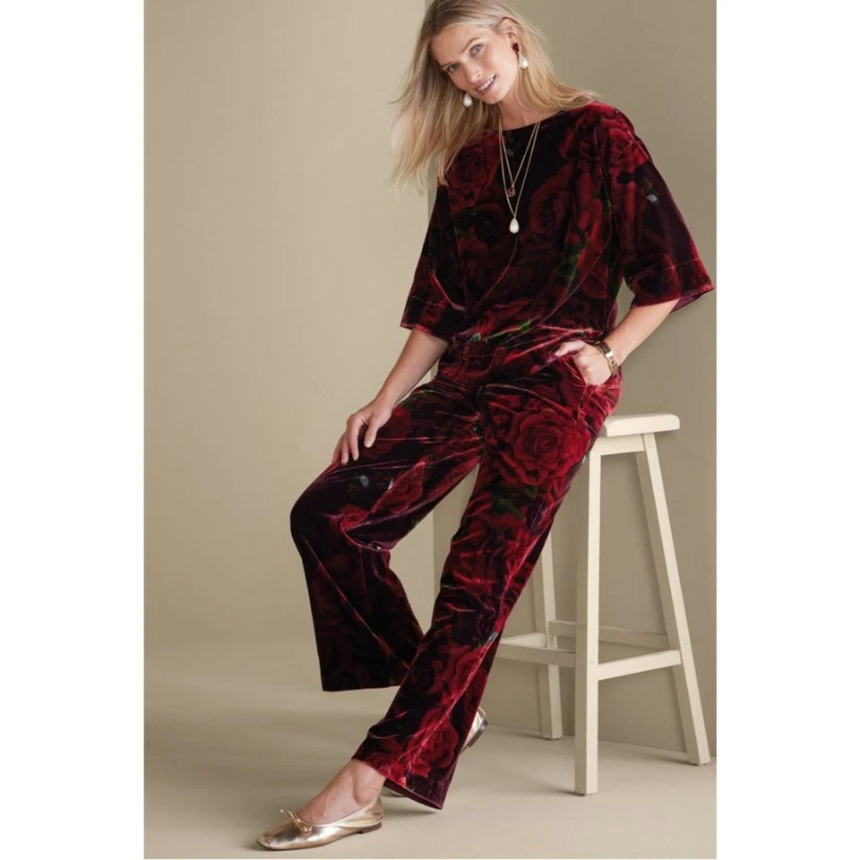 Soft Surroundings Aria Velvet Pants Wide Leg Romantic Roses Size P XS New