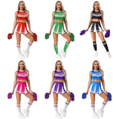 Damen Uniform Crop Top Set Pliziert Outfits Halloween Kostüm Pom Poms Tanzen