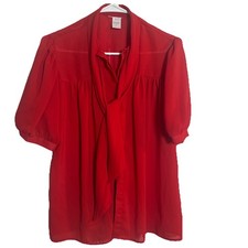 Vintage 70s 80s Red Sheer Tie Neck Blouse Women’s Size 14 Short Sleeve USA Made
