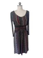 New Directions Y2K  Dress Womens 8 Midi Green Chevron Artsy Fall Mod Office Boho