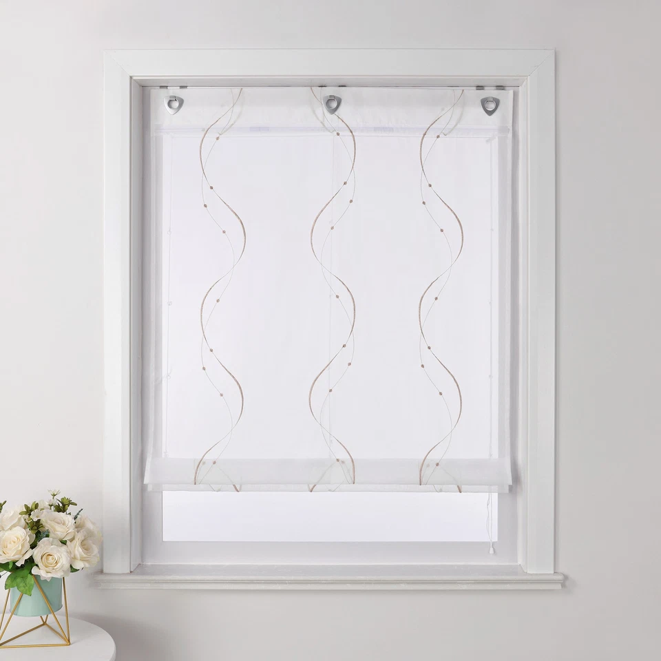 Raffrollo mit Ösen Bestickt Raffgardinen Küche Gardinen Voile Transparent Modern - Bild 4 von 4