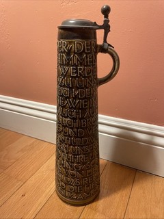 Vintage German Ceramic Beer Stein w/Pewter Lid Lords Prayer Raised Relief 14"