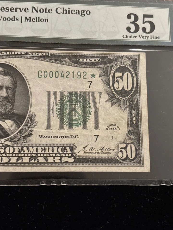 1928 $50 Star ⭐️ FRN Chicago (G*Block) STAR Fr. 2100-G* PMG 35 Tate/Mellon 7 - Image 4 of 4