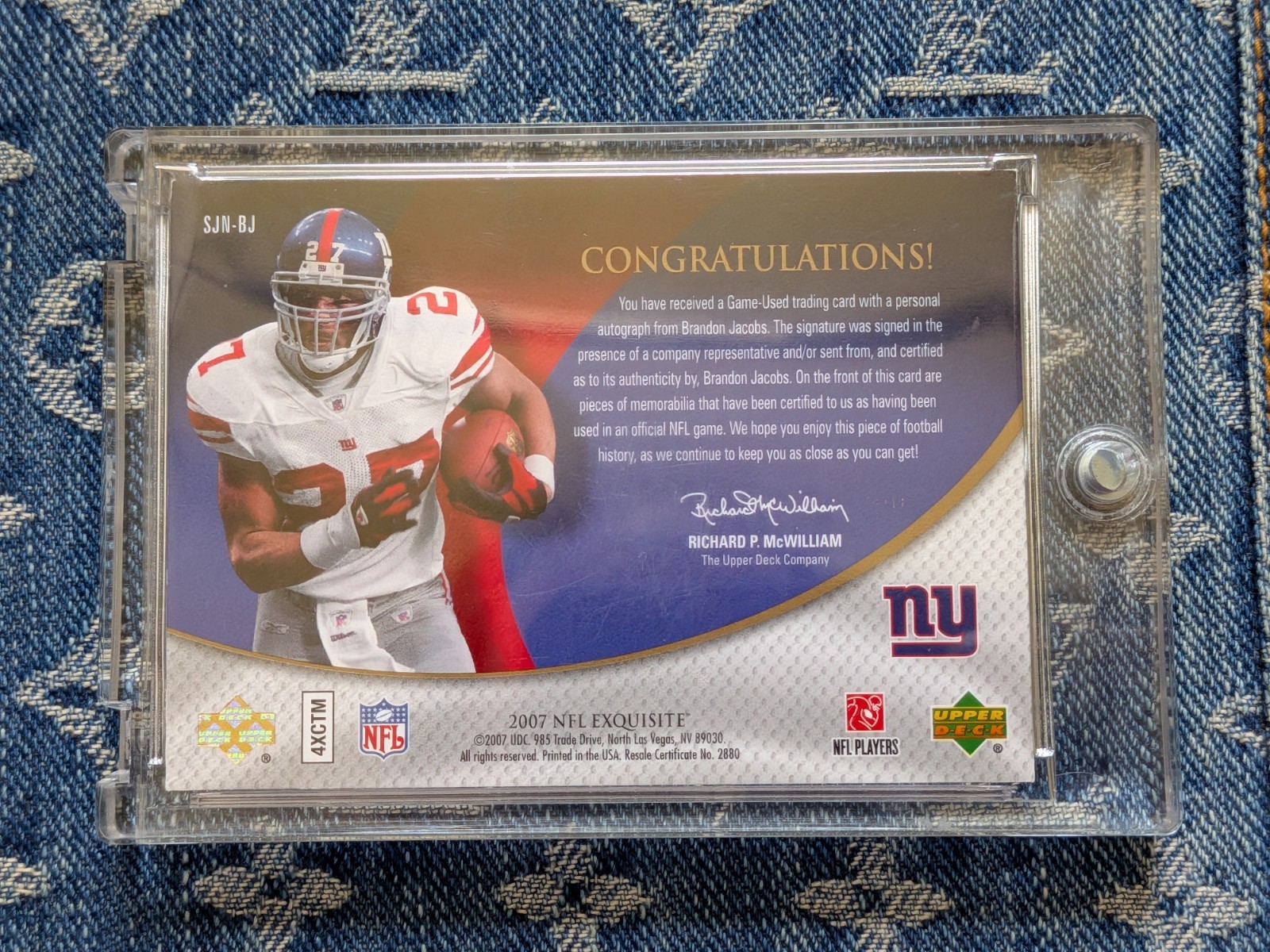 2007 Upper Deck Exquisite Brandon Jacobs Game Worn Dual Patch Auto 17/27 RARE view 2