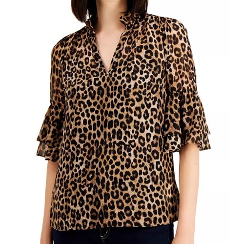 MICHAEL KORS Leopard Print BLOUSE TOP Bell Sleeves V-NECK w/TINY RUFFLE sz M
