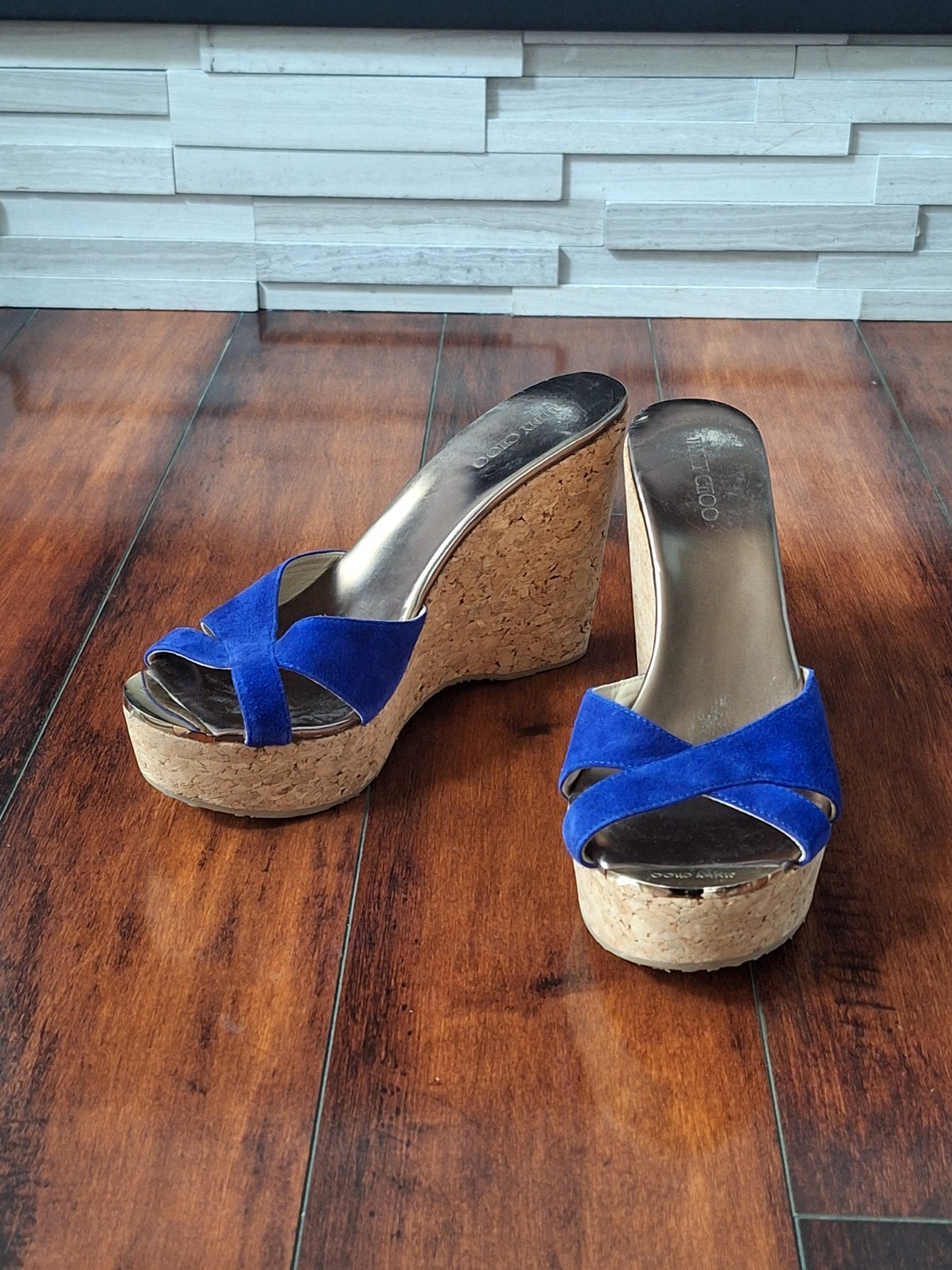 Jimmy Choo Pence Blue Suede Cork Wedge Mule Sandals EU 40 / US 9