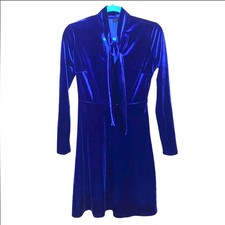 Shein Royal Blue Soft Plush Velour Tie Neck Dress XS Mini Party Dress