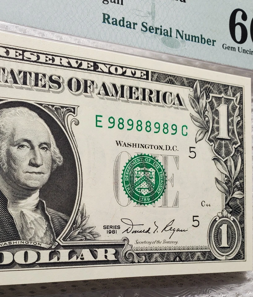 1981 $1 FRN Fancy Binary Radar Repeater Serial #98988989 PMG Gem UNC 66EPQ Nice - Image 3 of 4
