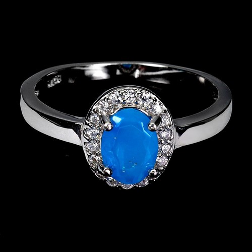 925 Sterling Silver Ring Oval Blue Opal 7x5mm Natural Gemstone Jewelry Size 9.5