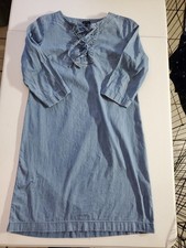Talbots Blue Denim Shift Dress Lace-Up V-Neck 3/4 Sleeve Knee Length Size 10