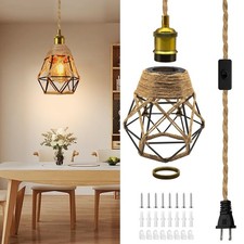 Industrial Plug in Hanging Light Fixtures, 510 cm Hemp Rope Pendant Lights wi...