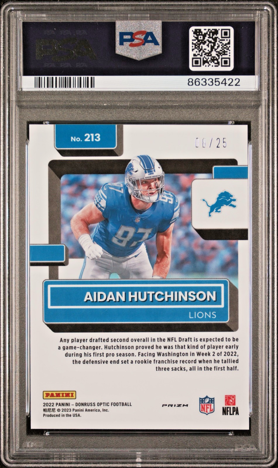 2022 Donruss Optic Aidan Hutchinson Black Pandora RC /25 PSA 10 Lions Rookie SSP view 6