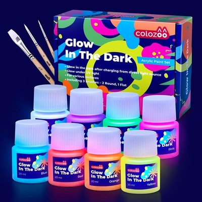 Glow in the Dark Acryl Farben Set | 8x20ml Fluoreszierende Farbe + 3 Pinsel |