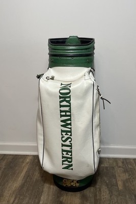 Vtg Northwestern Golf Company Leather Bag Thunderbird Logo White Green Staff Bag