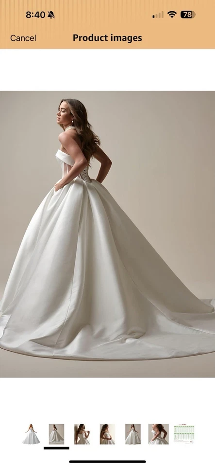 Vestido de novia de satén sin tirantes hinchado princesa vestido de novia línea A novia Foto 3 de 4