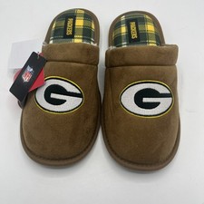 FOCO NFL Men's Green Bay Packers Slippers - New W/tags- Big Logo - Brown/Plaid