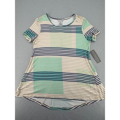 Multiples Womens Short Sleeve Striped Lace Up Back Top Mint Navy Tan Size S NWT
