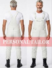 Men's White Quilted Leather Overall Bib Utility Jumpsuit MotorBike Dungaree Men