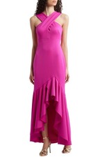 Eliza J Womens Crossover-Neck Sleeveless Ruffle-Trim Gown 4 Hot Pink - NWT $188