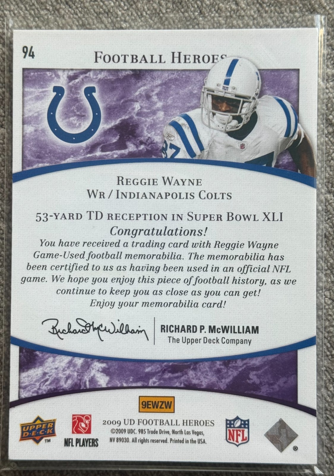 2009 Upper Deck Football Heroes Reggie Wayne Game Used Jersey Card #94 /50 Colts view 2