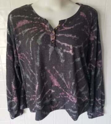 True Craft Womens Sz 4X Plus Pullover Waffle Knit Top Long Sleeve Black Print NE