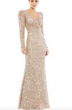 MAC DUGGAL 5510 PUFF SHOULDER SEQUINED SURPLICE SHIMMERING GOLD GOWN  16