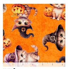 HALLOWEEN KITTENS CATS ON ORANGE BY QUILTING TREASURES COTTON FABRIC HALF YD
