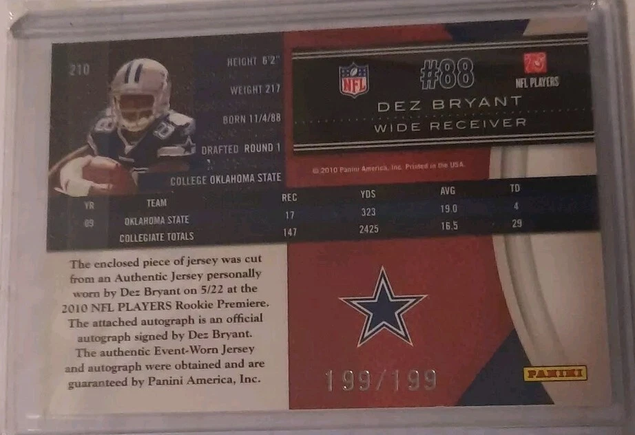 2010 Limited #210 Dez Bryant Jsy Au RC 199/199 - Image 2 of 2