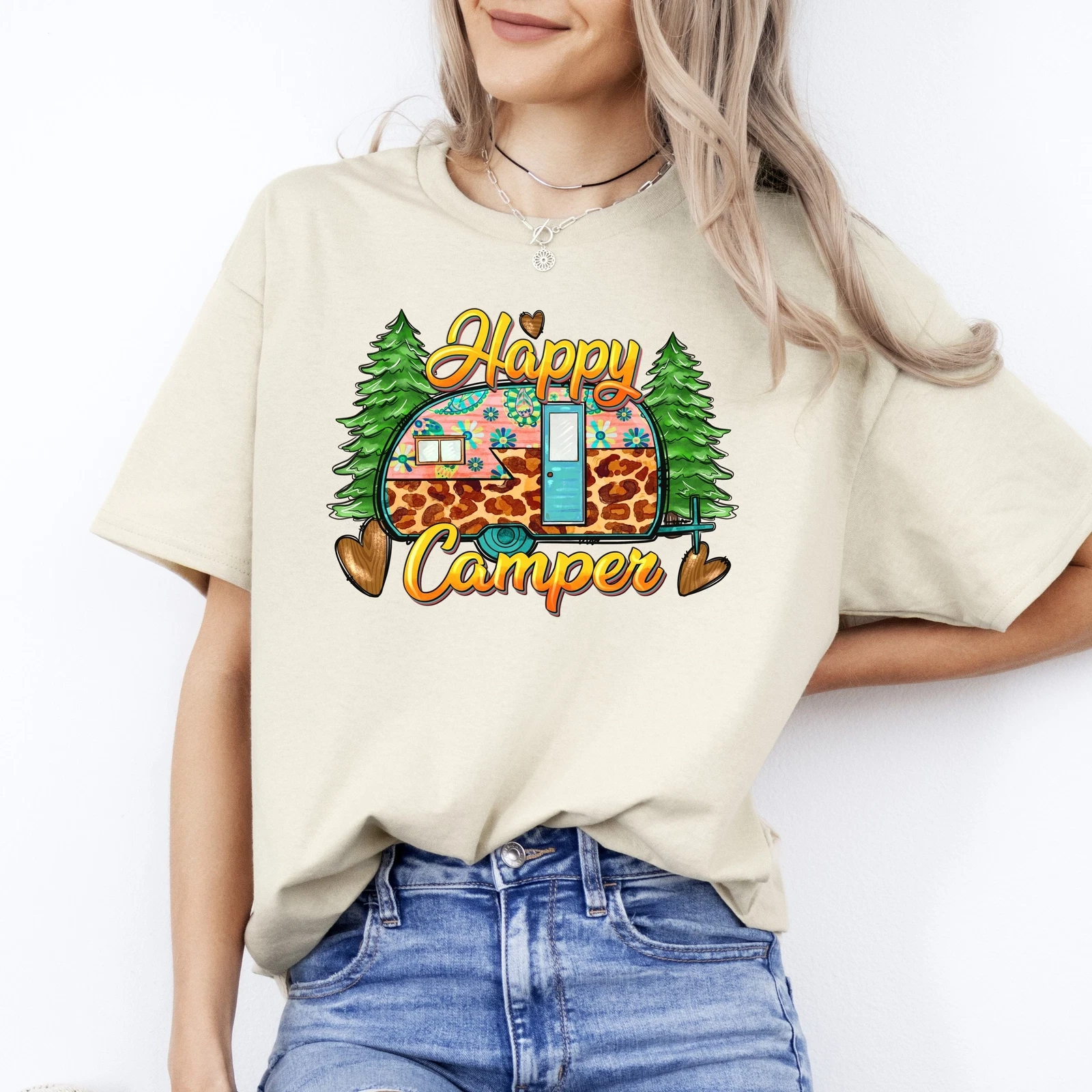 Happy camper T-Shirt gift Leopard skin camping camper Unisex tee Sand White Spor