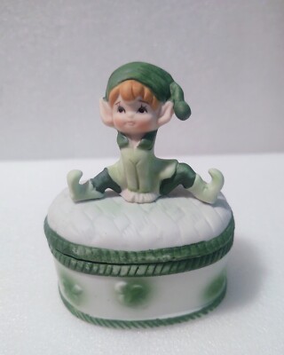 Vintage Irish Shamrock Green Pixie Elf Sitting on Trinket Box Lego Japan 