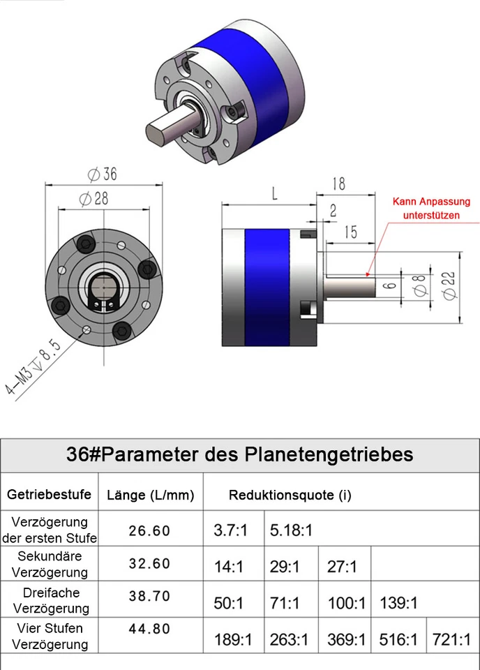 36mm Planetengetriebe Box für 550/555/545 Motor Hohes Drehmoment Metall Getriebe - Bild 2 von 4