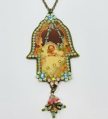 Michal Negrin Romantic Crystals HAMSA WITH flowers VTG NECKLACE BABY