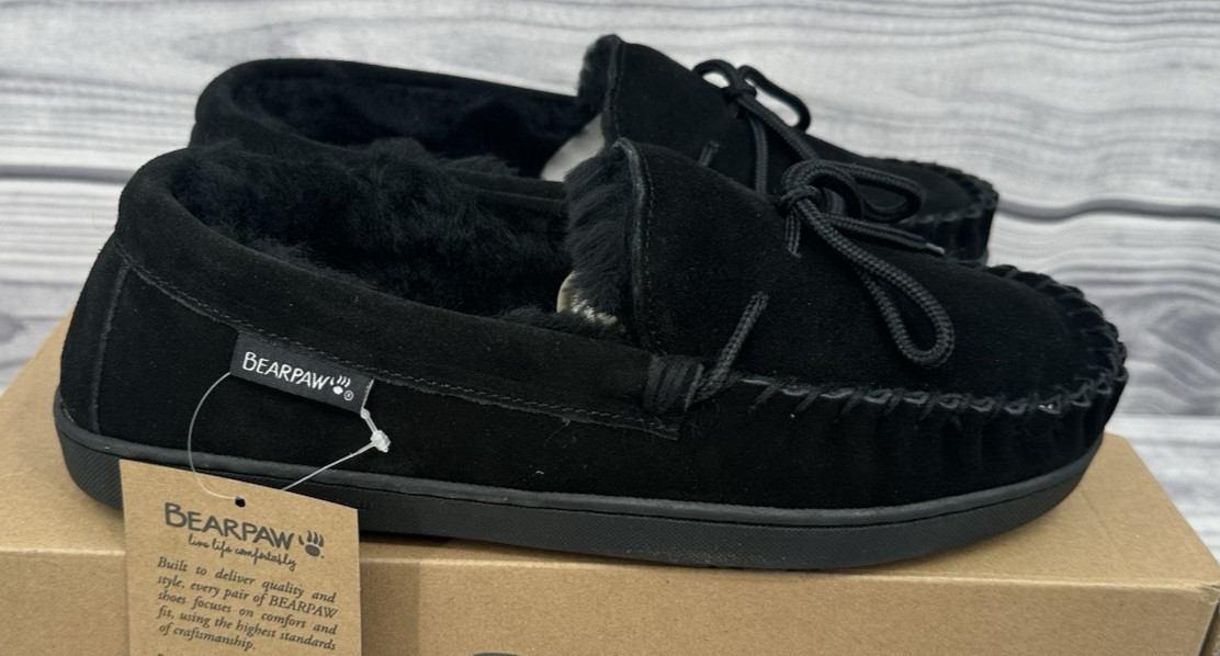 BEARPAW MOC II WIDE SUEDE SLIPPERS   Men's Size 10 Wide   BLACK   NEW IN BOX!!