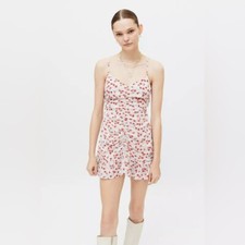 Urban Outfitters Floral Dotted Cinched Ruffle Mini Slip Dress White/Red Size M