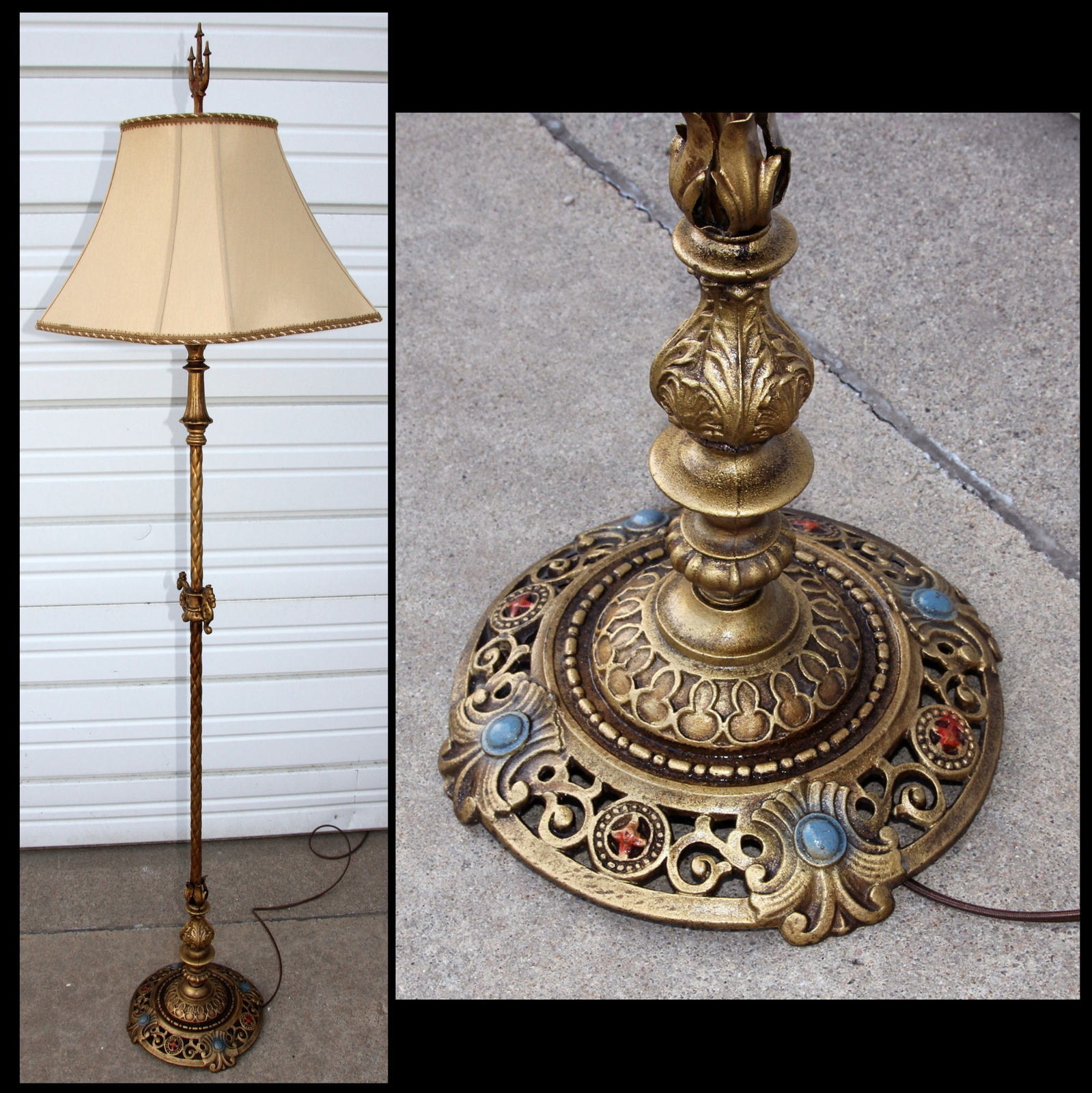 Antique Art Nouveau Deco Wellington Stone Seahorse Floor Lamp w Shade