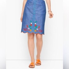 TALBOTS cotton linen floral embroidered tropical skirt Size 6