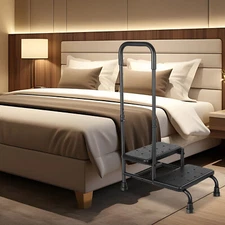 2 Step Stool with Handle for Elderly with Adjustable Handrail for High Beds, Car