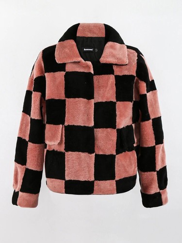 Fluffy Checkerboard Fur Coat Women's Long Sleeve Lamb Wool Warm Collared Jacket - Picture 9 of 16