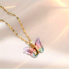 Colorful Fashion 18K Gold-Plated Rhinestone Butterfly Pendant Necklace Women New