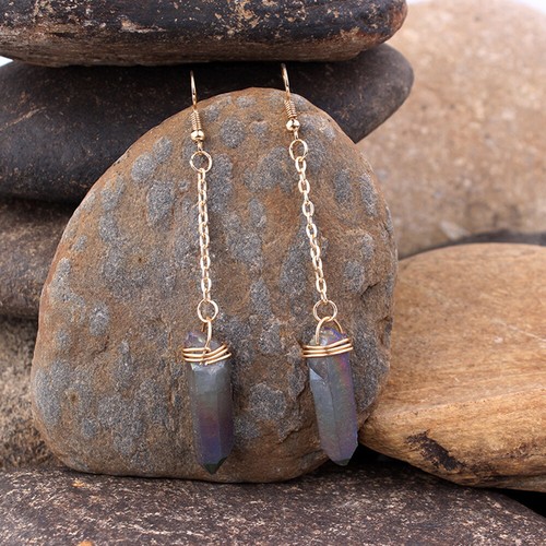 Stone Crystal Quartz Earrings Winding Chain Drop Dangle Gold Geometric Jewelry - Picture 2 of 7
