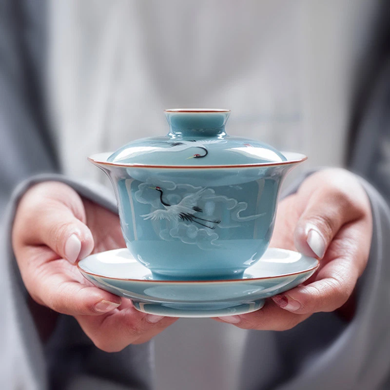 Jingdezhen porcelana galina pintada a mano grúa poesía gaiwan cerámica puré y tapa Foto 2 de 4