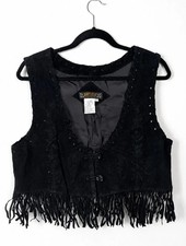 Vintage 90s Black Suede Leather Fringe Vest Western Boho Biker Goth Large
